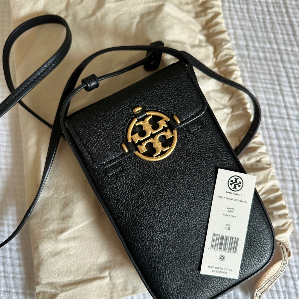 Tory Burch Black Crossbody Phone Bag with Gold Logo